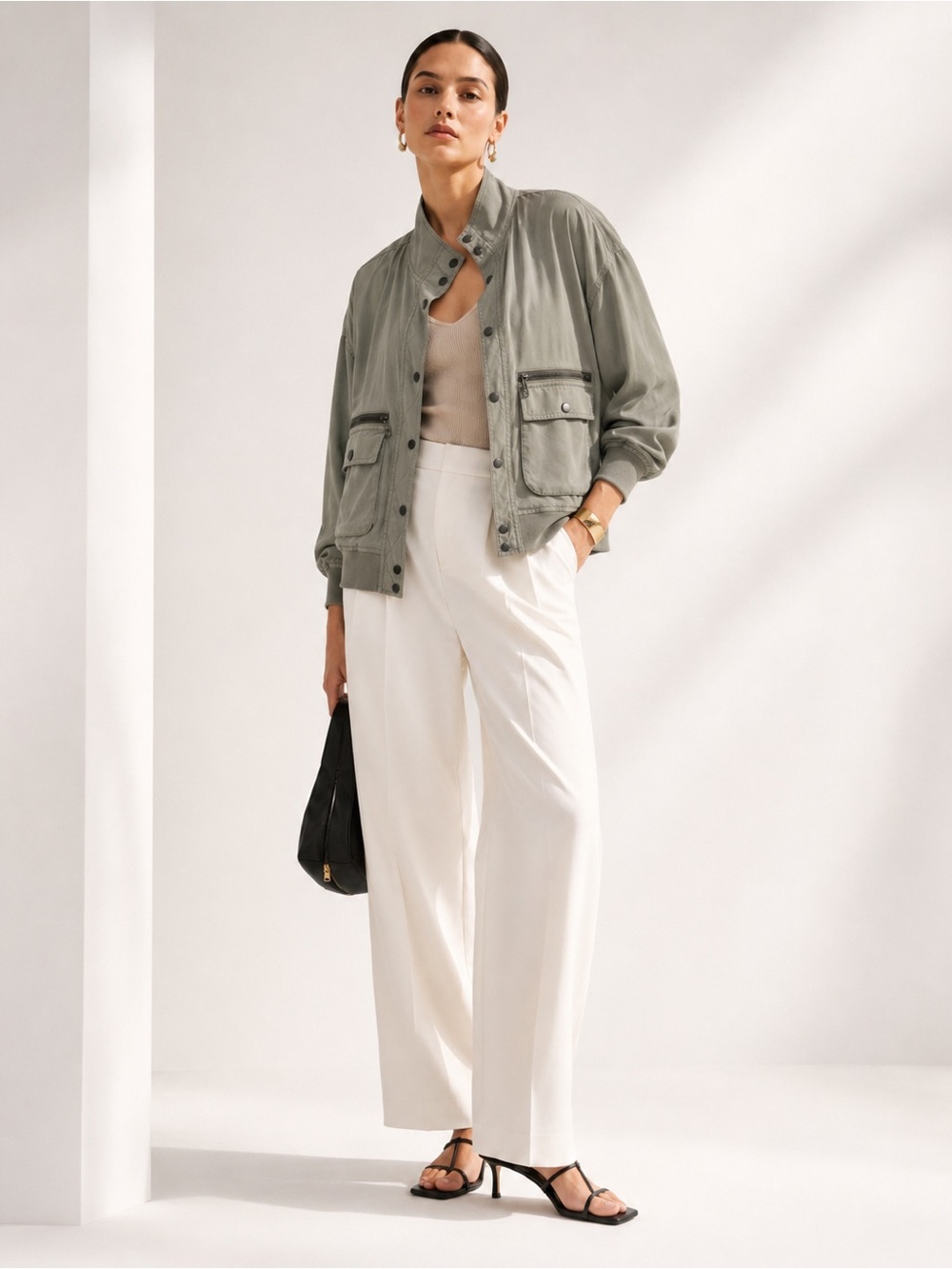 Marrakech Khaki Cupro Cotton Bomber Jacket Viscose Blend Utility Blouse L Moto